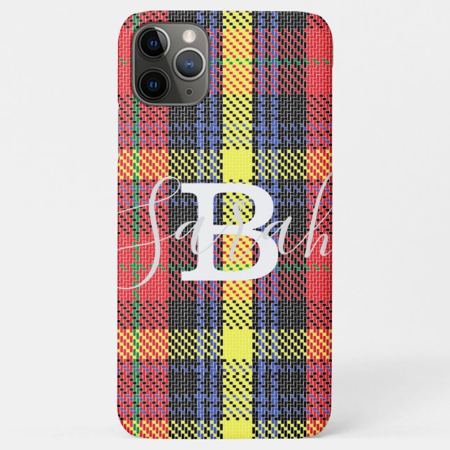 Coques Case-Mate iPhone Tartan jaune et rouge À damiers Nom du monogramme (Dos)