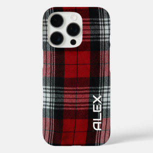 Coque iPhone 16 Pro Tartan noir et blanc rouge - Tissu plaqué classiqu