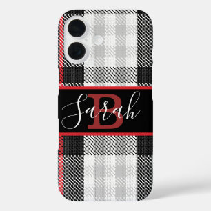 Coque Pour iPhone 16 Tartan noir et gris À damiers police rouge
