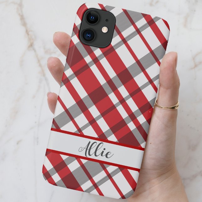 Coques Case-Mate iPhone Tartan rouge, blanc et gris sur mesure (Red, White and Gray Tartan Plaid Custom Phone Case - Select your phone size and add your name!)