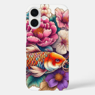 Coque Pour iPhone 16 tatouage à fleurs orientales orange koi et rose sa