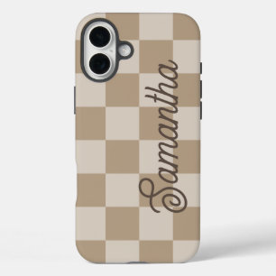 Coque Pour iPhone 16 Plus Taupe Chèques Beige Nom du script