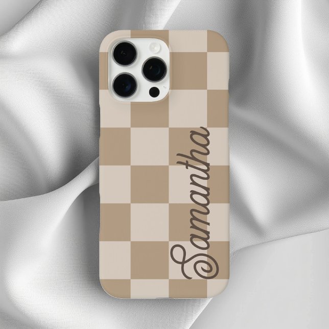 Coques Case-Mate iPhone Taupe Chèques Beige Nom du script (Taupe Beige Checkers Script Name Case-Mate iPhone Case)