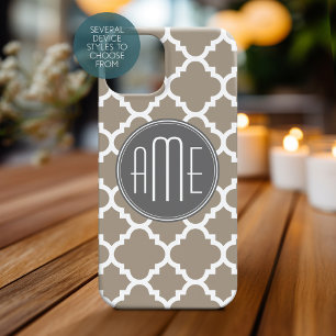 Coque Case-Mate iPhone Taupe et gris Quatrefoil Motif Triple Monogramme