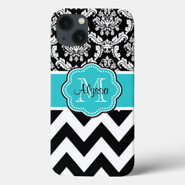 Coques Case-Mate iPhone Teal Black Damask Chevron Monogram (Verso)