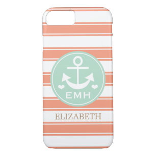 COQUE Case-Mate POUR iPhone TEAL DÉCORÉ D'UN MONOGRAMME ET ANCRE DE CORAIL