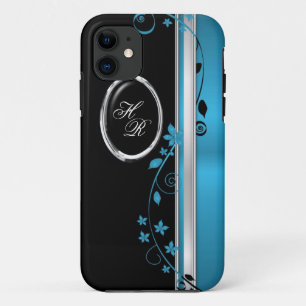 Coque Case-Mate iPhone Teal élégant et caisse florale noire de l'iPhone