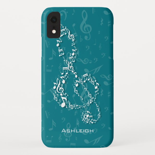 Coques Case-Mate iPhone Teal et notes blanches de musique de clef triple (Dos)