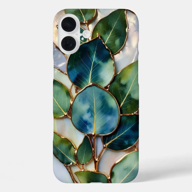 Coques Case-Mate iPhone Teal Green Leaf Stained Glass Phone Case (Verso)