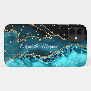 Case-Mate iPhone Case Teal, Noir et Agate Dorée, Grandes Étoiles Dorées,