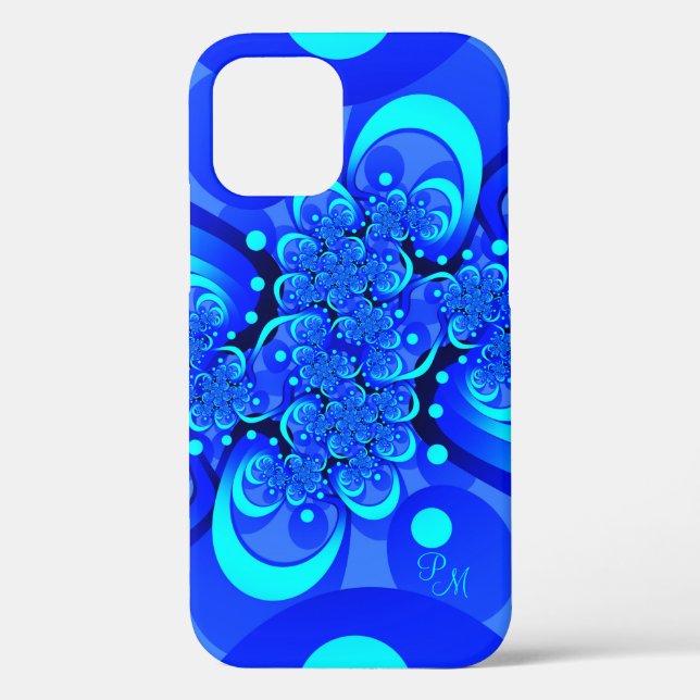 Coques Case-Mate iPhone Teintes bleues, initiales d'art fractal abstrait m (Verso)