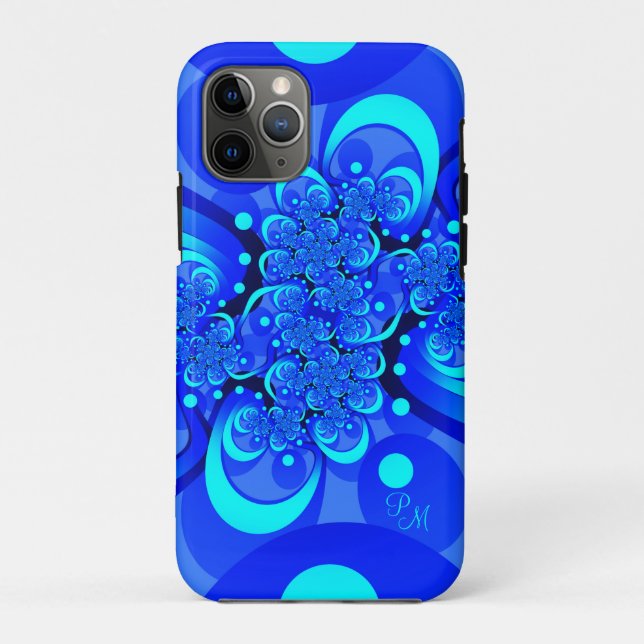 Coques Case-Mate iPhone Teintes bleues, initiales d'art fractal abstrait m (Dos)