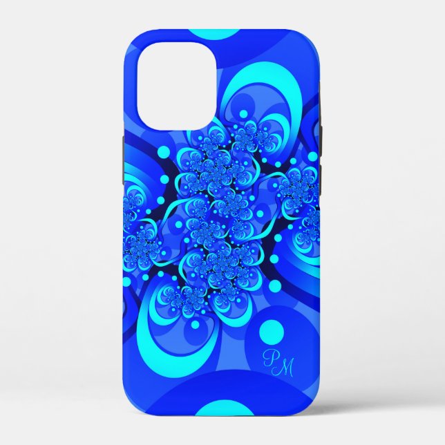 Coques Case-Mate iPhone Teintes bleues, initiales d'art fractal abstrait m (Verso)