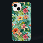 Coque Case-Mate iPhone Téléphone floral tropical<br><div class="desc">Ce design comprend de luxuriantes feuilles de palmier vertes et des fleurs d'hibiscus audacieuses et colorées dans des nuances de rouge,  orange,  jaune et rose,  sur un fond turquoise rafraîchissant.</div>