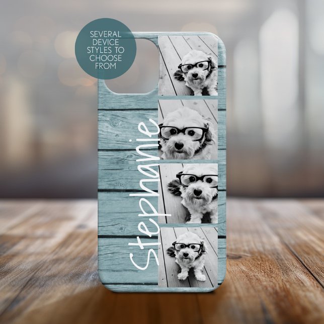 Coques Case-Mate iPhone Tendance 4 Photos et Nom - Impression sur bois ble (Personalized Phone Case with Custom Text and Trendy Design)