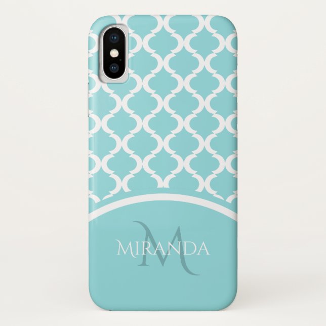 Coques Case-Mate iPhone Tendance Grande Aqua Quatrefoil Monogramme et Nom (Dos)