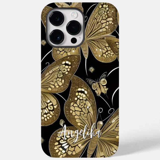 Coques Case-Mate iPhone Tendance Noir et Or Papillon Nom Personnalisé (Verso)