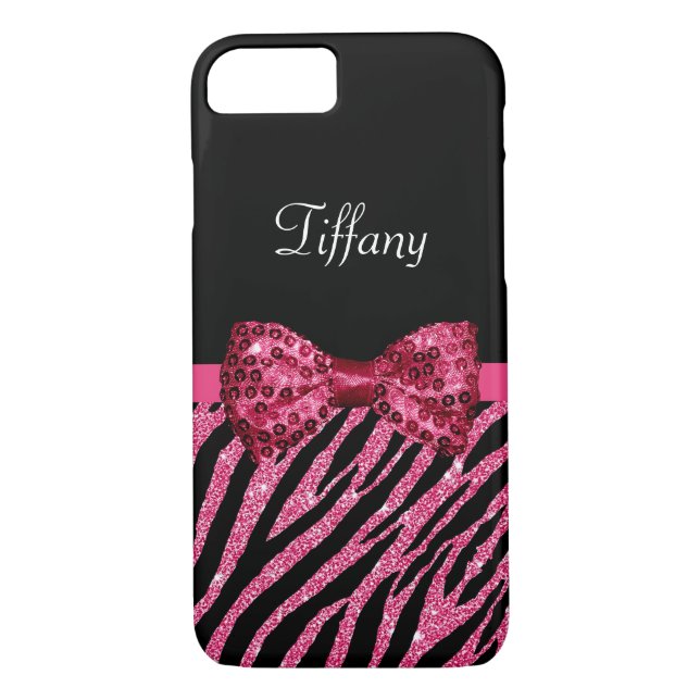 Coques Case-Mate iPhone Tendance rose Zebra Print FAUX Glitz Bow avec nom (Dos)