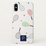 Case-Mate iPhone Case Tennis Monogramme Sports Blue Green Custom<br><div class="desc">Cette raquette de tennis et motif de balle en marine,  turquoise,  rose,  corail,  orange et vert est parfait pour l'athlète,  entraîneur ou joueur dans votre vie. Personnalisez avec le monogramme de votre choix.</div>
