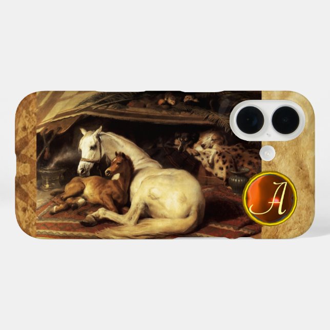 Coques Case-Mate iPhone TENTE ARABE AVEC HORSE Orange Agate Gem Monogram (Verso (horizontal))