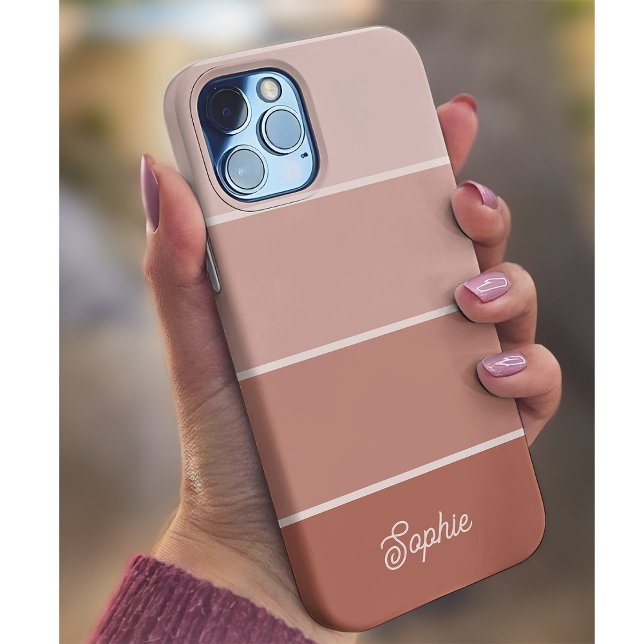 Coques Case-Mate iPhone Terracotta neutre | Ombre Stripes avec script (A trendy striped neutral and terracotta phone case with your family name in script)