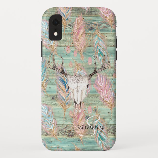 Coques Case-Mate iPhone Tête de cerf en bois turquoise occidental rustique (Dos)