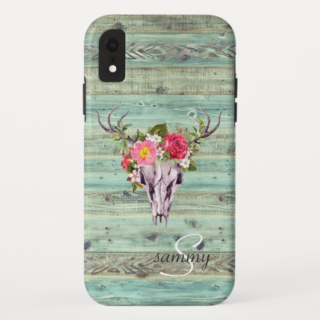 Coques Case-Mate iPhone Tête de cerf en bois turquoise occidental rustique (Dos)