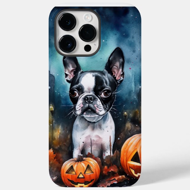 Coques Case-Mate iPhone Tête de chien Bostonien Halloween avec citrouilles (Verso)