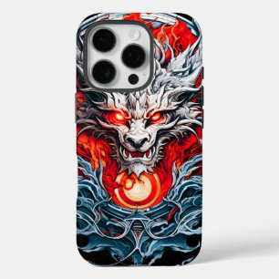 Coque iPhone 16 Pro Tête de dragon mythique de la flamme rouge