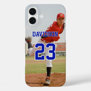 Coque Pour iPhone 16 Plus Texte Bleu Photo Nom Maillot Numéro Personnalisé