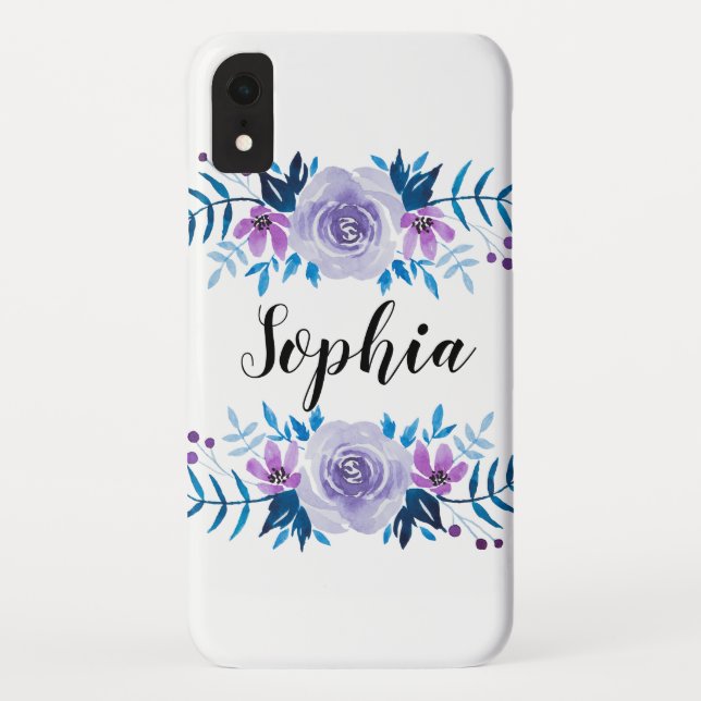 Coques Case-Mate iPhone Texte floral pourpre bleu de coutume de guirlande (Dos)