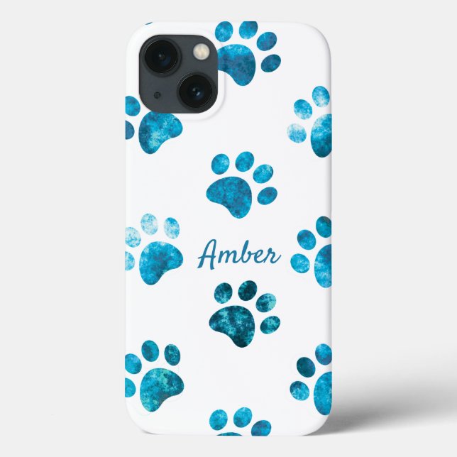 Coques Case-Mate iPhone Texte Turquoise Blanc Empreinte de Patte Personnal (Verso)