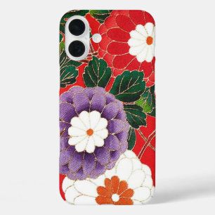 Coques iPhone 16 Plus Textile japonais vintage - Dahlias rouges