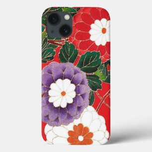 Etui iPhone 13 Textile japonais vintage - Dahlias rouges
