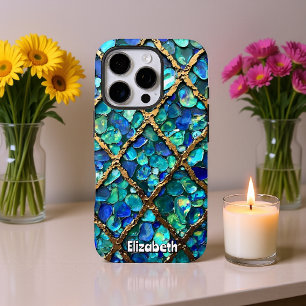 Coque iPhone 16 Pro Texture Aqua et Gold Grid