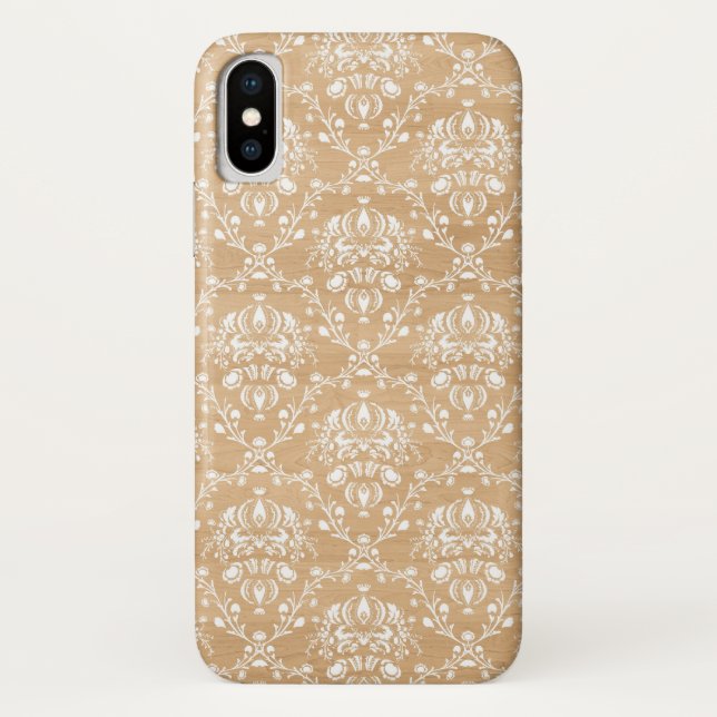 Coques Case-Mate iPhone Texture en bois rustique avec Damas florales blanc (Dos)