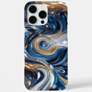 Coque iPhone 16 Pro Max Texture en marbre 3D Deep Blue Gold Swirl,
