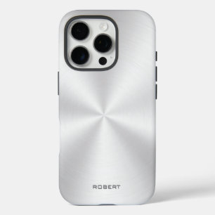 Coque iPhone 16 Pro Texture métallique argentée aspect acier inoxydabl