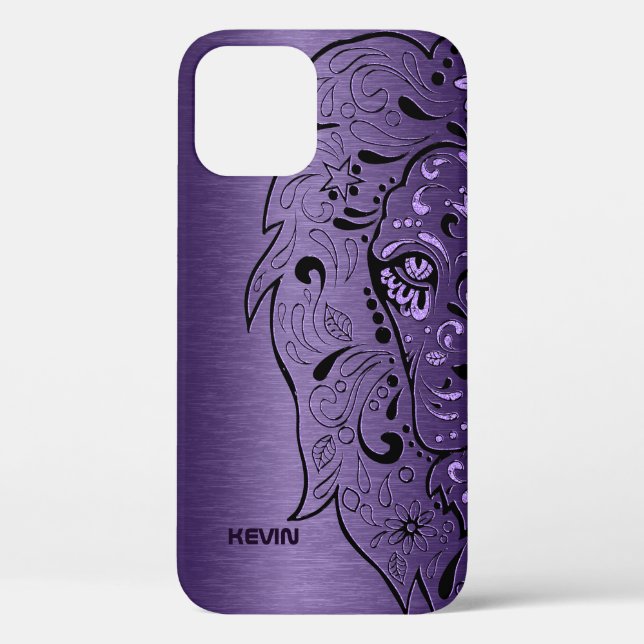 Coques Case-Mate iPhone Texture métallique violette et tête de lion crâne  (Verso)