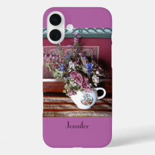 Coque Pour iPhone 16 Plus Théière vintage avec Fleurs, Violet, Orchidée, Nom