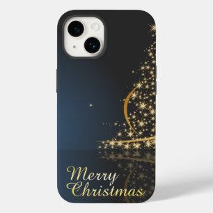 Coque Case-Mate iPhone Thème de Noël bleu avec arbre de Noël doré