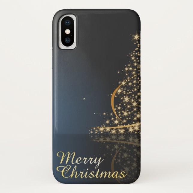 Coques Case-Mate iPhone Thème de Noël bleu avec arbre de Noël doré (Dos)