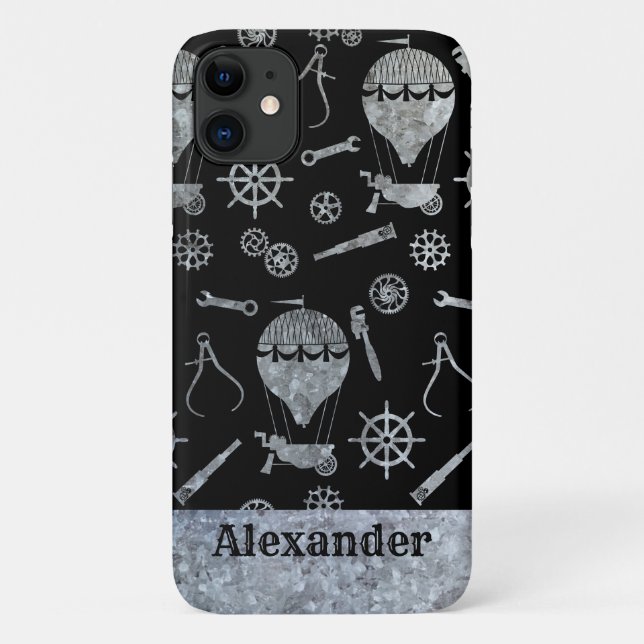 Coques Case-Mate iPhone Thème montgolfière zinc argent Steampunk nom perso (Dos)
