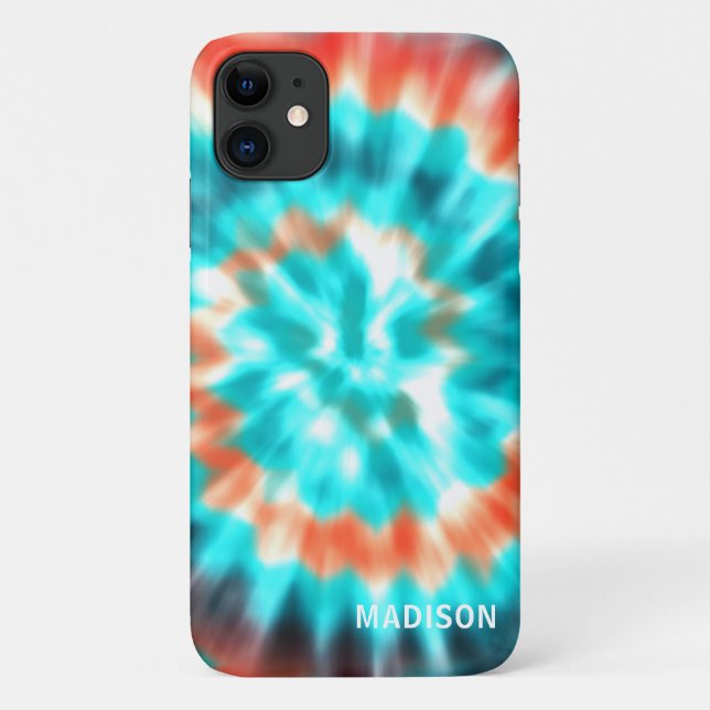 Coques Case-Mate iPhone Tie Dye Moderne Bleu Orange Nom Personnalisé (Dos)