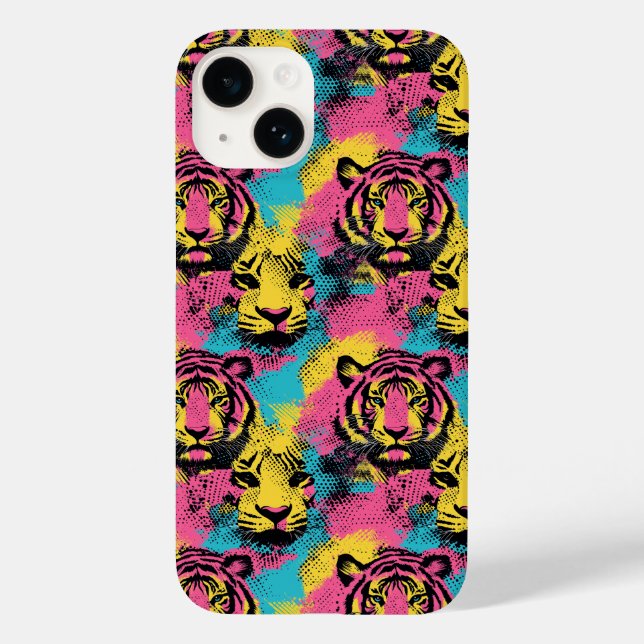 Coques Case-Mate iPhone Tiger Pop Art Motif en rose, jaune et bleu (Verso)