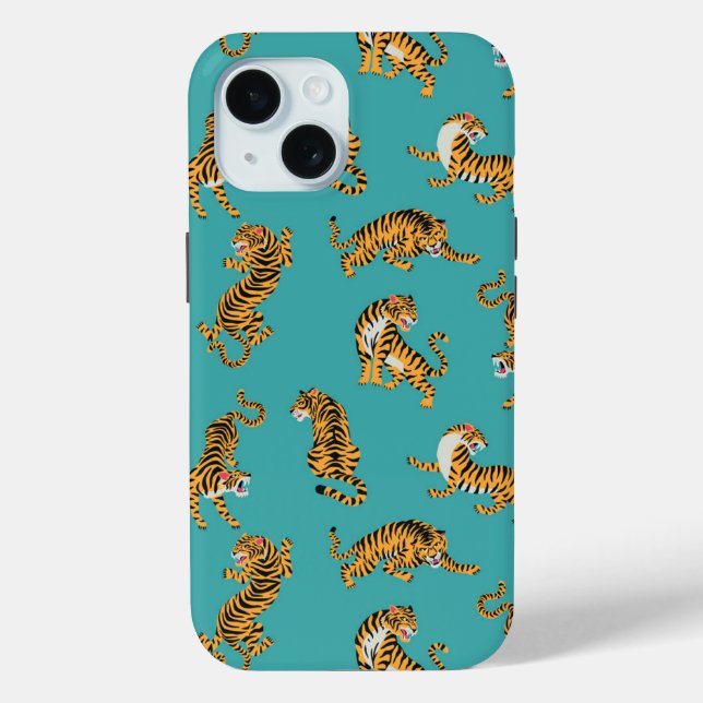 Coques Case-Mate iPhone Tiger sur Motif Turquoise (Verso)