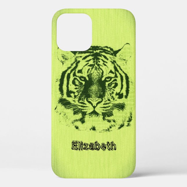 Coques Case-Mate iPhone Tigre sur grain de bois vert jaune (Verso)