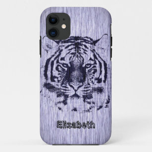Coques Pour iPhone Tigre sur le grain de bois gris