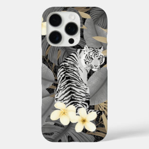 Coque iPhone 16 Pro Tigre tropical Palmier hawaïen gris Jungle