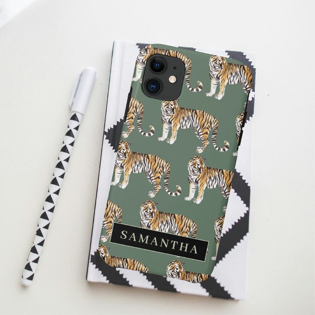 Coques Case-Mate iPhone Tigres d'aquarelle verte tropicale Motif avec nom (Créateur téléchargé)